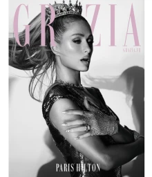 Paris Hilton wearing a crystal tiara and sequined dress for Grazia France magazine cover photographed by Daniella Midenge.