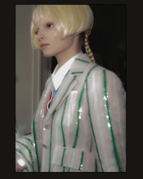 Model in a white striped blazer with a short blonde bob and braided hair in backstage Thom Browne SS26