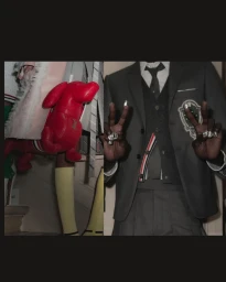 Split frame featuring a red leather dog bag on the left and a person in a grey suit making a peace sign on the right