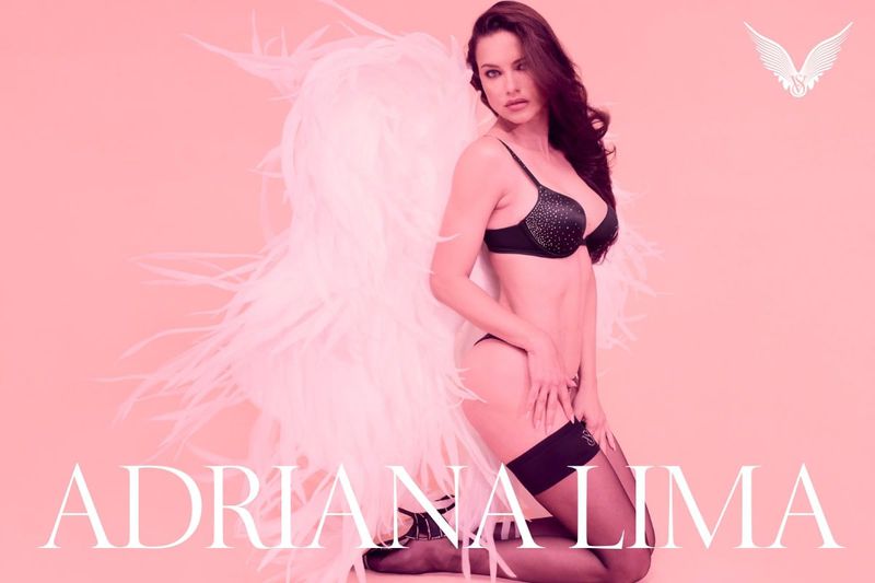 Brunette woman posing in black lingerie with large white feathered wings against a pink background, studio lighting and angelic vibe.