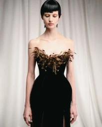 Model in a black strapless gown with feathered bodice and blunt bob hairstyle against a draped white curtain background.