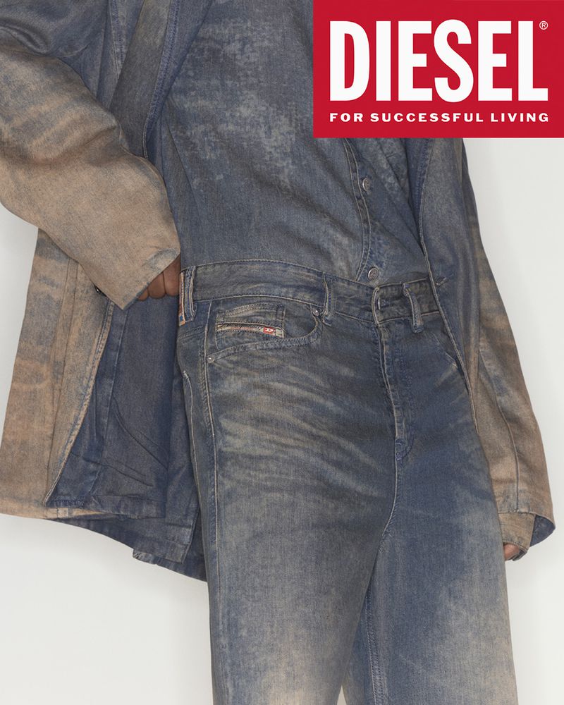 Denim jeans and jacket displayed with a white backdrop and a red Diesel logo. The clothing shows a distressed, textured fabric.