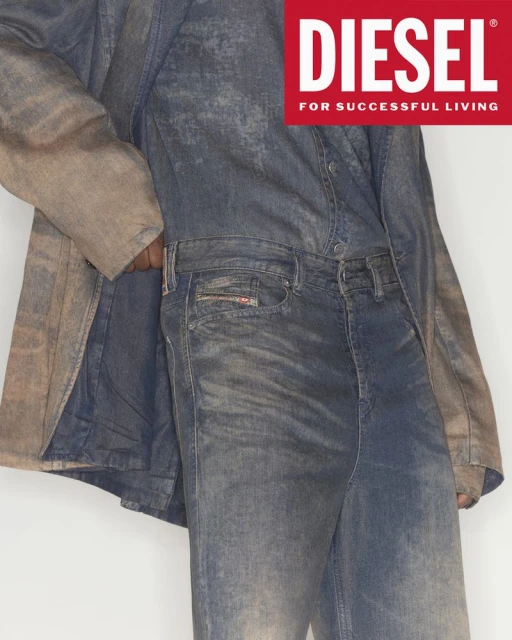 Denim jeans and jacket displayed with a white backdrop and a red Diesel logo. The clothing shows a distressed, textured fabric.
