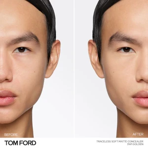 Before and after comparison of a male model's face showing concealer application on a white background.