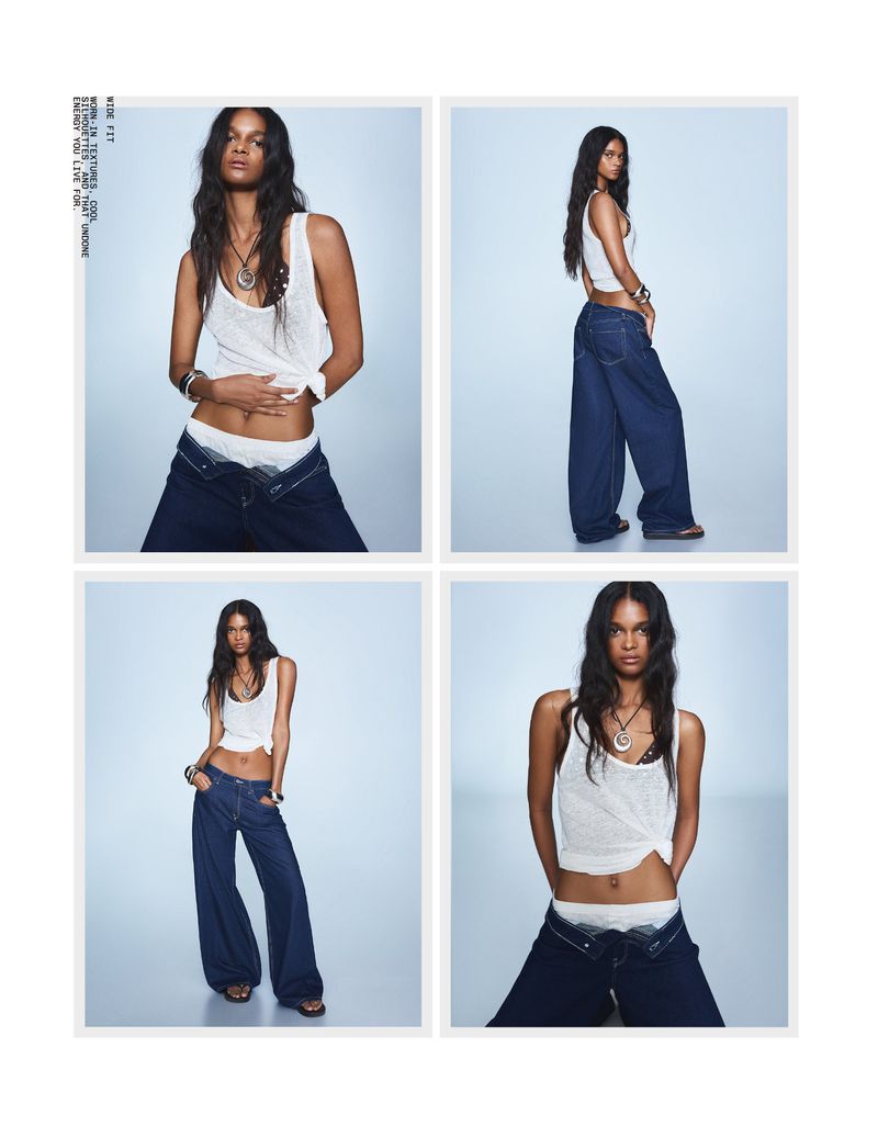 A collage of four images showing a female fashion model in a white tank top and wide-leg blue jeans, set against a pale blue background.