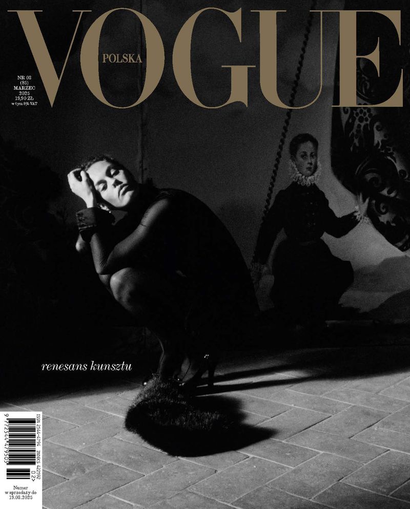 Vogue Polska cover features woman crouching on a tiled floor in a dark dress, with a blurred figure and 'Vogue' logo in the background.