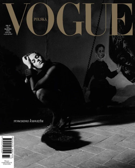 Vogue Polska cover features woman crouching on a tiled floor in a dark dress, with a blurred figure and 'Vogue' logo in the background.