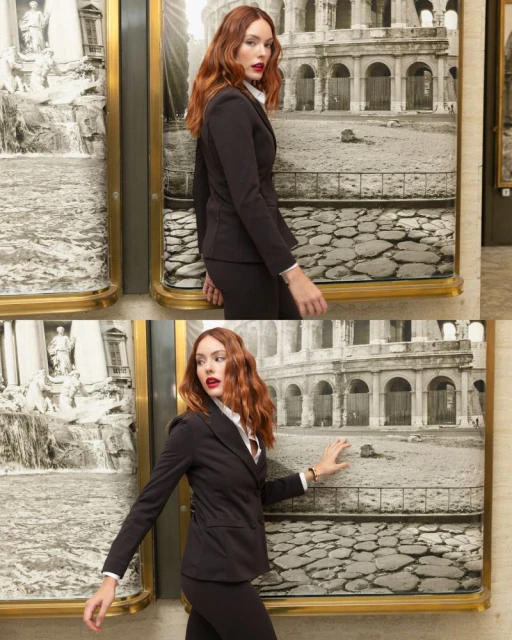 Adult woman in a dark blazer and pants posing next to two framed black and white photographs of historical architecture inside a building.