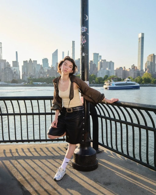 A young woman stands on a waterfront promenade next to a pole, wearing a jacket and shorts, with a city skyline and river backdrop.