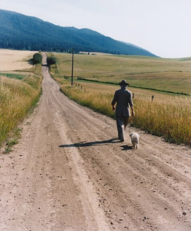 Man in suit walks with small dog on dirt road through golden fields with mountains and forest in background under bright sky.