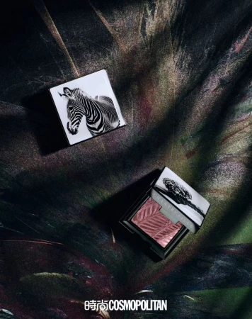 Makeup compacts featuring zebra and landscape artwork in a still life composition, set against a textured backdrop with magazine logo.