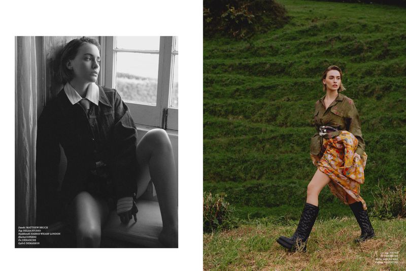Two photos of a young adult woman in a fashion editorial. One seated near a window in a studio; the other walking in a grassy field.