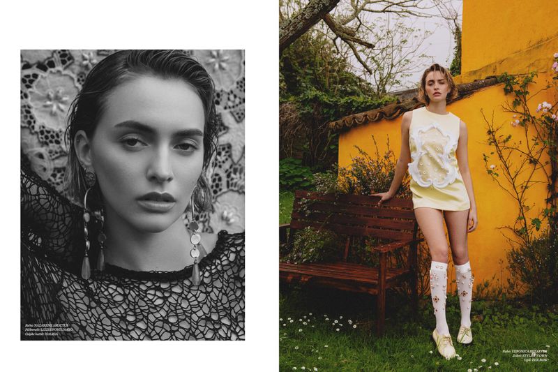 Two-image fashion editorial juxtaposes a black and white close-up of a model with a color shot of a woman in a yellow dress outdoors.