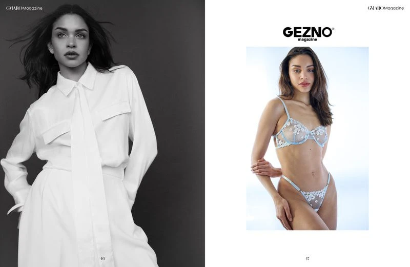 Split fashion magazine image of a woman in a white dress and a woman in lingerie against a white background. Studio lighting.