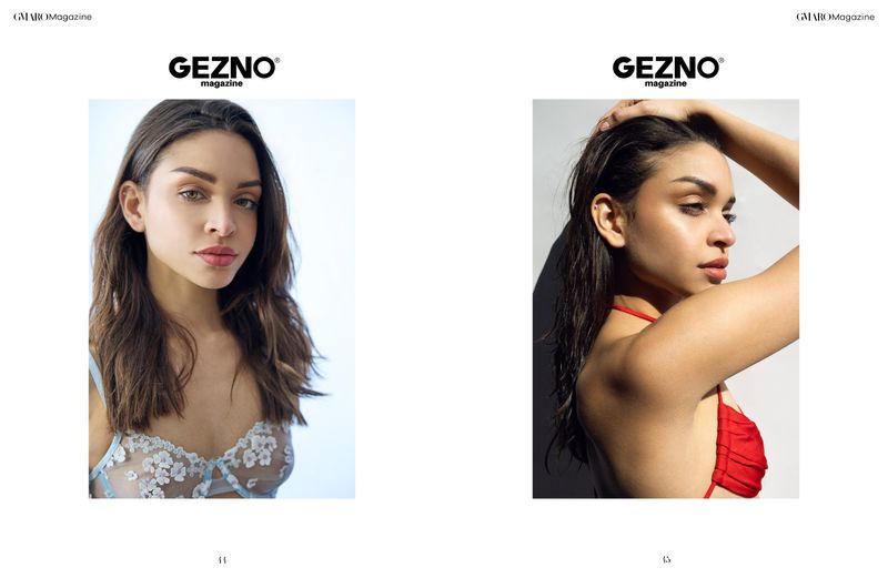 Dual portraits of a young woman with brown hair in lingerie for Gezno Magazine, set against a bright white background.