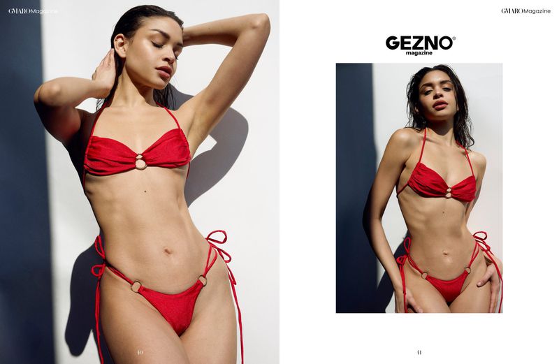 Two images of a woman in a red bikini against a white wall, posing with her arms up and looking at the camera.