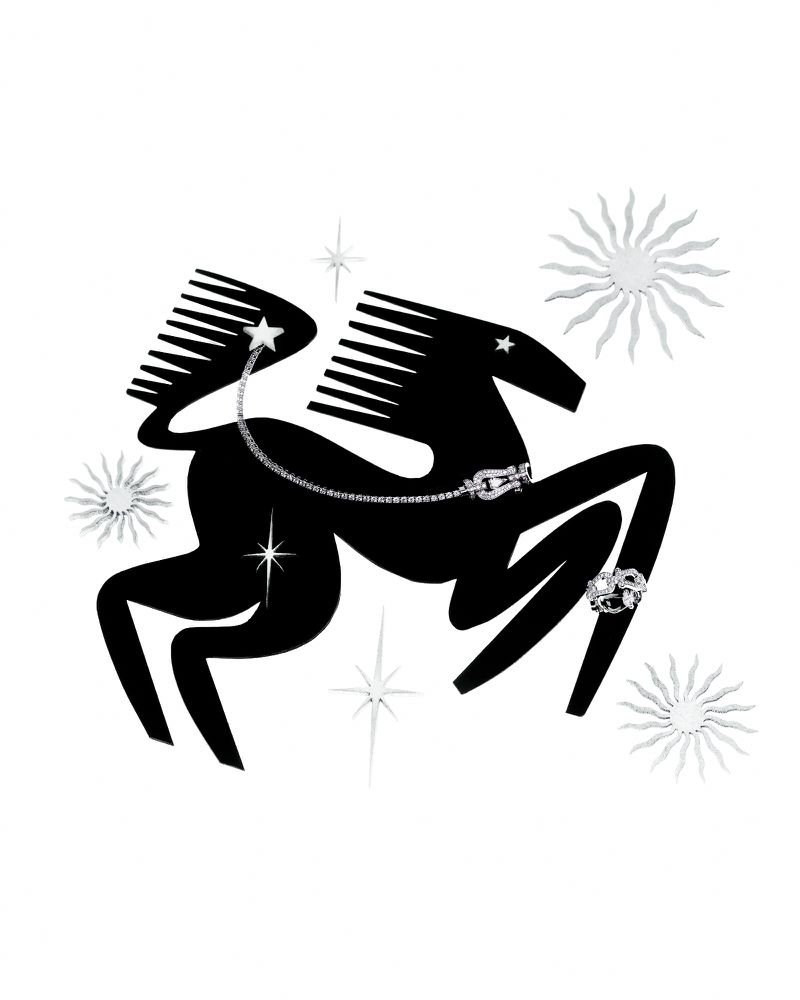 Stylized black horse illustration with silver details including stars, sunbursts, and diamond zipper chain on a white background.