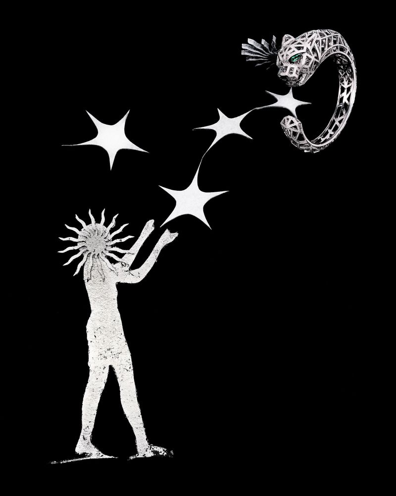 Conceptual image featuring a silver figure reaching for glowing stars, juxtaposed with a jaguar bracelet on a stark black backdrop.
