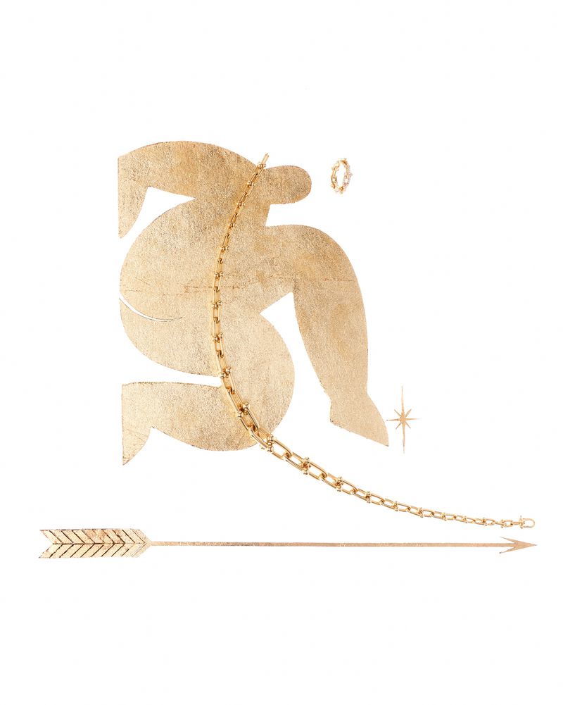 Abstract illustration in gold tones features a stylized human figure, arrow, chain, ring, and star on a clean white background.