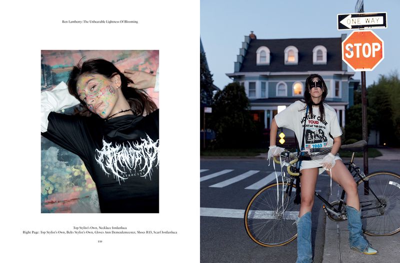 Editorial fashion shot featuring a woman with colorful makeup lying down and another standing by a bicycle next to a stop sign.