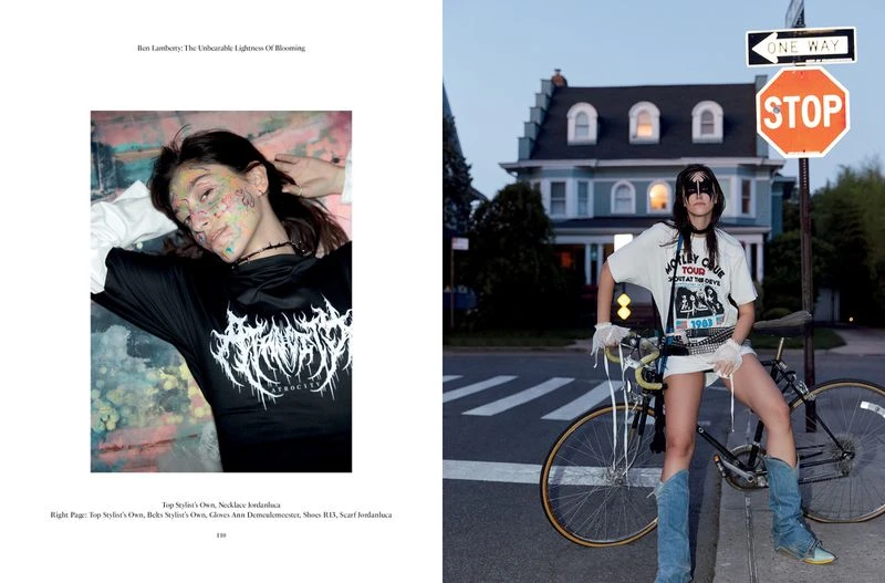 Editorial fashion shot featuring a woman with colorful makeup lying down and another standing by a bicycle next to a stop sign.