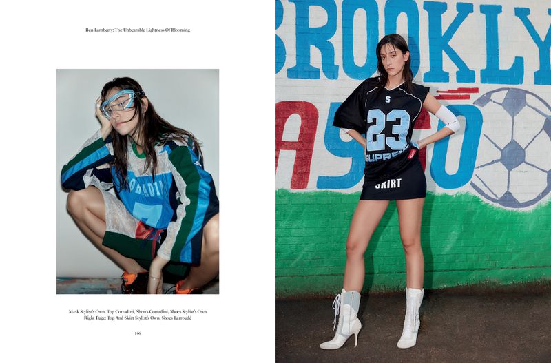 Two fashion photos feature an Asian woman in streetwear clothing, posing in front of a white wall and a mural with graffiti.