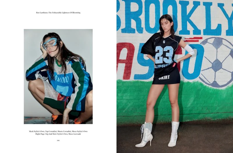 Two fashion photos feature an Asian woman in streetwear clothing, posing in front of a white wall and a mural with graffiti.