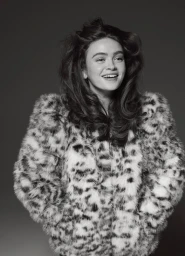 Portrait of Sadie Sink wearing a patterned faux-fur coat in a black and white editorial shoot for Elle Australia.