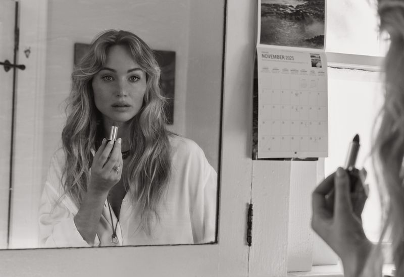 Black and white indoor shot of an adult woman applying lipstick while looking in a mirror, wearing a white shirt with long wavy hair.
