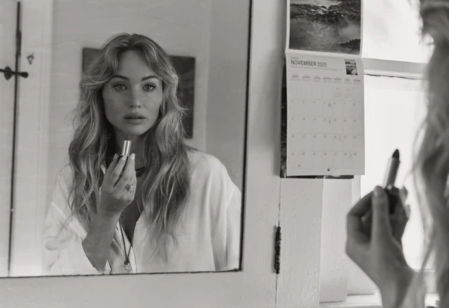 Black and white indoor shot of an adult woman applying lipstick while looking in a mirror, wearing a white shirt with long wavy hair.