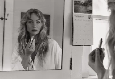 Jennifer Lawrence applying lipstick while looking into a mirror for V Magazine Screen Stories editorial photographed by Cass Bird.