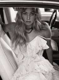 Jennifer Lawrence in a white lace dress seated inside a car for V Magazine, photographed by Cass Bird.