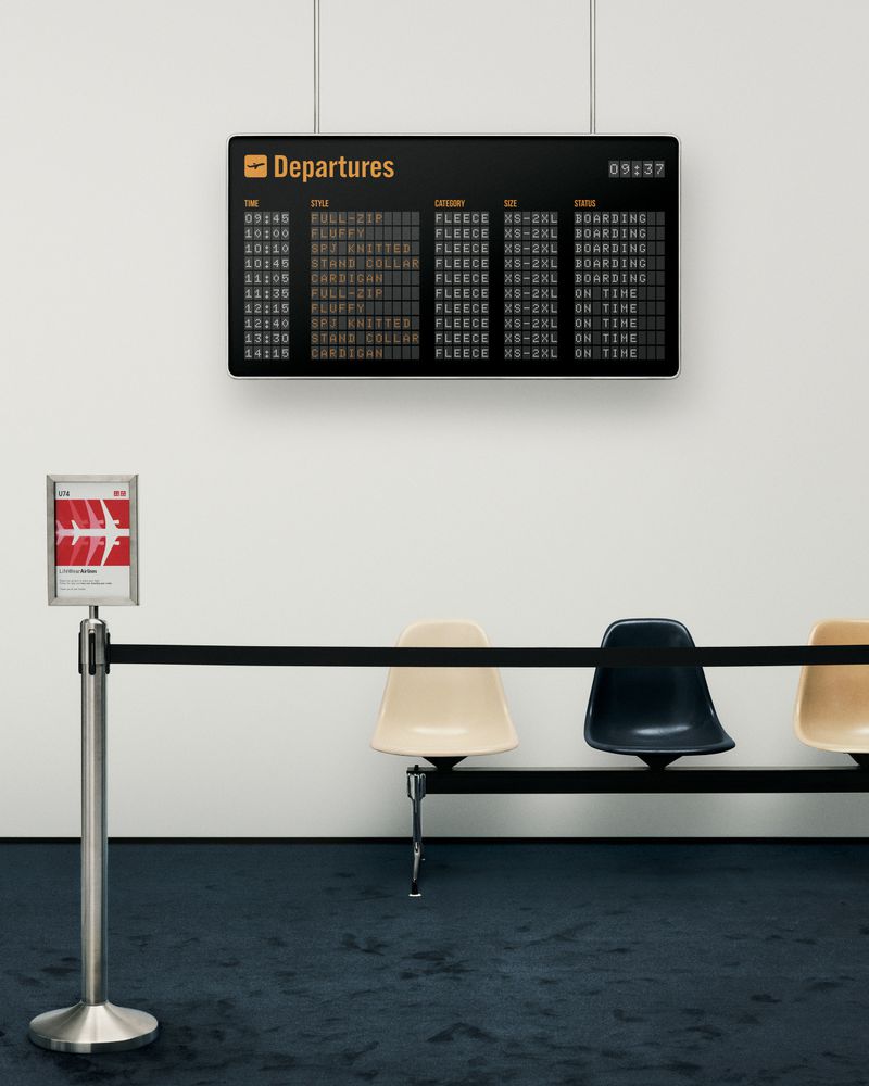 Indoor shot of an airport departures board displaying flight information, passenger queue barrier, and empty chairs against a white wall.