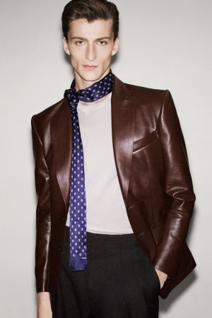 A young adult male is posing indoors, wearing a brown leather blazer, white shirt, and a blue and white polka dot scarf.