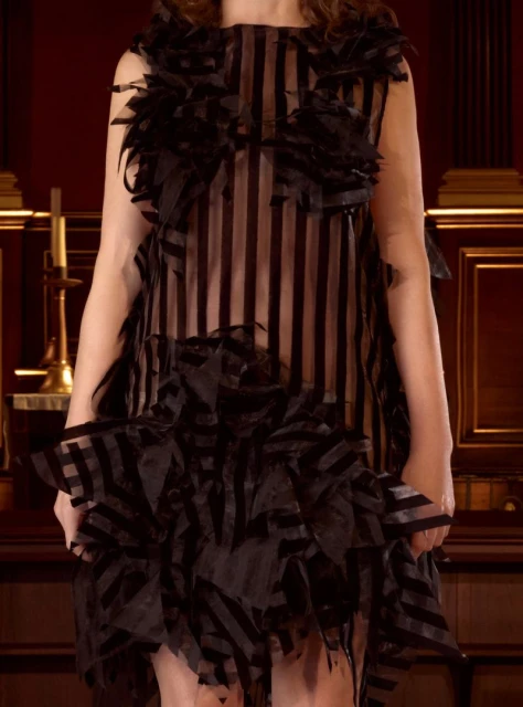 A woman models a black striped sleeveless dress with frills. The photo captures a full shot of the dress, set against a dark background.