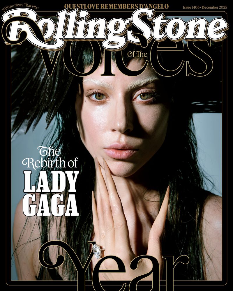 Rolling Stone magazine cover featuring Lady Gaga, adorned with black feathers and sharp nails, in close-up view with cover text.