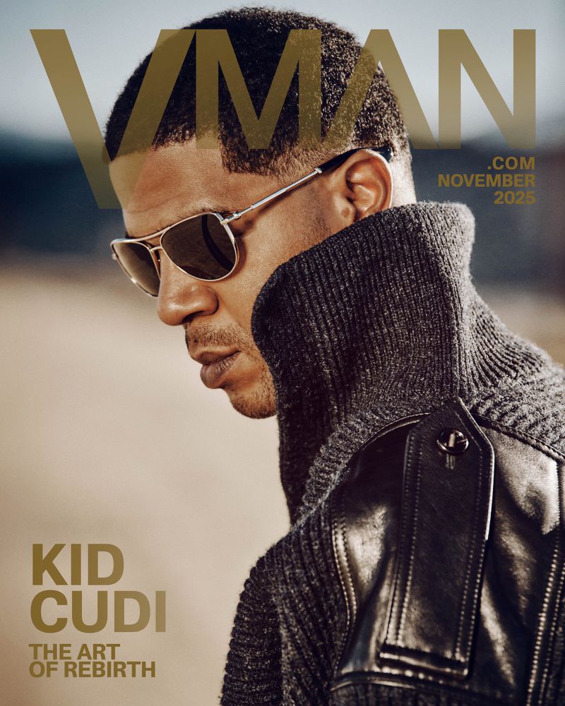 VMAN magazine cover featuring Kid Cudi wearing sunglasses and a black leather jacket against a neutral outdoor background in portrait format.