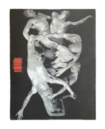 Monochrome overhead photograph of figures covered in white powder intertwined in dynamic sculptural poses against a black background.