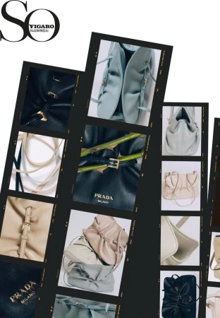 Collage of various Prada leather handbags in pastel colors, arranged in a filmstrip style, with the So Figaro magazine logo.