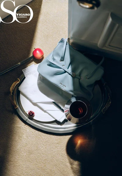 Light blue leather handbag arranged on a silver tray with a white napkin, glass, and red cherry under angled sunlight.