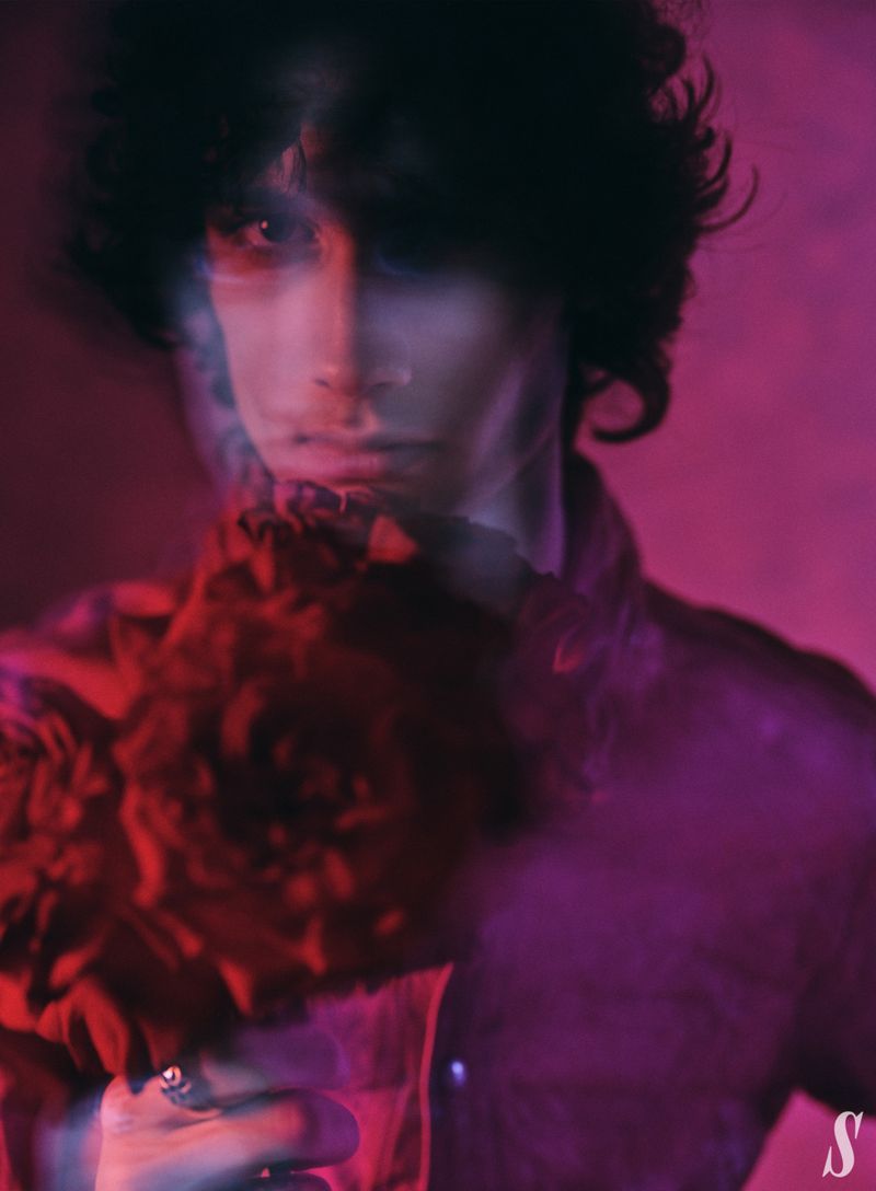 Portrait of a young adult man in a dark jacket holding a bouquet of flowers against a pink and purple background with diffused lighting.