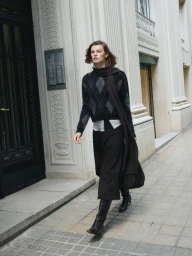 Model Cara Taylor in an argyle sweater, long scarf, dark midi skirt, and tall black boots walking along a city sidewalk.