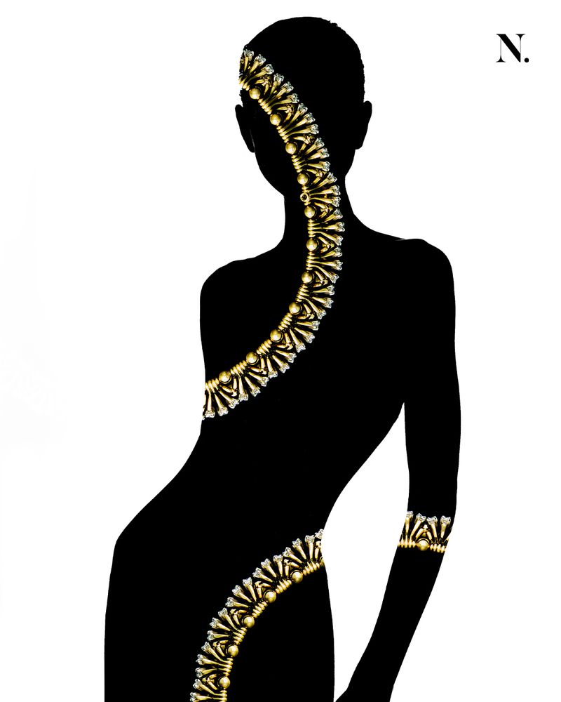 Illustration of a black silhouette of a woman with decorative gold and gemstone designs that trace the form of the figure on a white background.