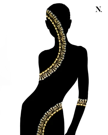 Stylized black silhouette of a female figure adorned with intricate gold and diamond jewelry against a plain white background