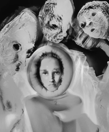 Abstract portrait of a fair-skinned woman with a neutral expression, framed by a padded circular collar and surrounded by ghostly figures.