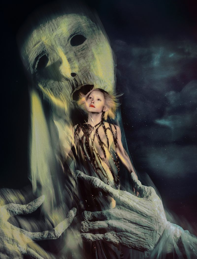Digital art featuring an ethereal young woman held by a ghostly figure with a star-filled sky in the background, dreamy lighting.