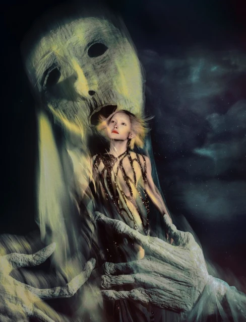 Digital art featuring an ethereal young woman held by a ghostly figure with a star-filled sky in the background, dreamy lighting.