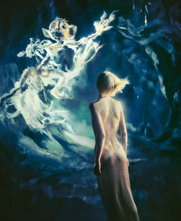 Surreal photo: a blonde woman in a dress gazes at an ethereal, alien-like figure against a dreamy blue and white backdrop.