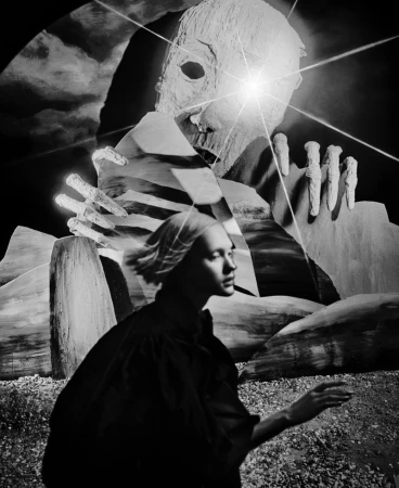 Monochrome image of a person in dark clothing with a head covering, standing before a looming, monstrous figure with an intense light.