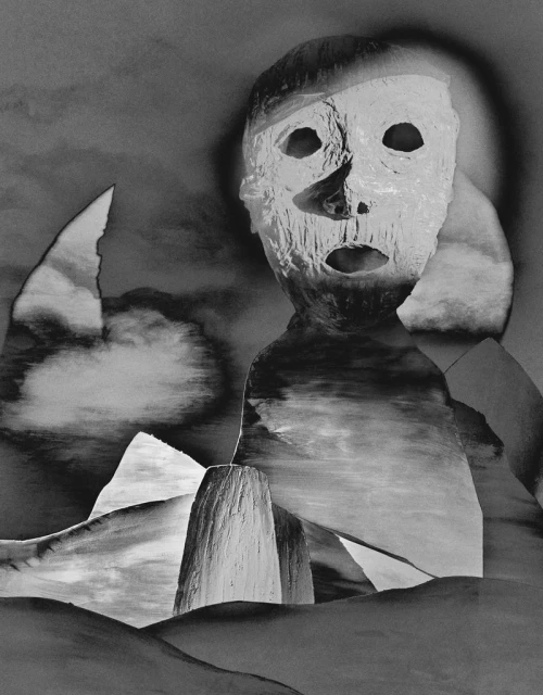 Monochromatic art piece shows a surreal human-like figure with stone texture standing in an abstract landscape with sky and mountains.